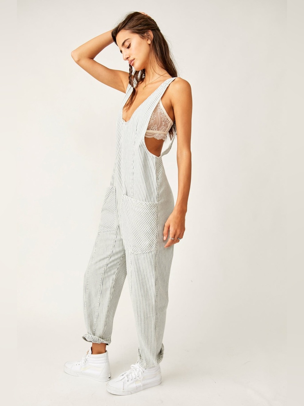 We the Free People Jumpsuit Overall M Adjustable Slouchy Relaxed Striped Blue